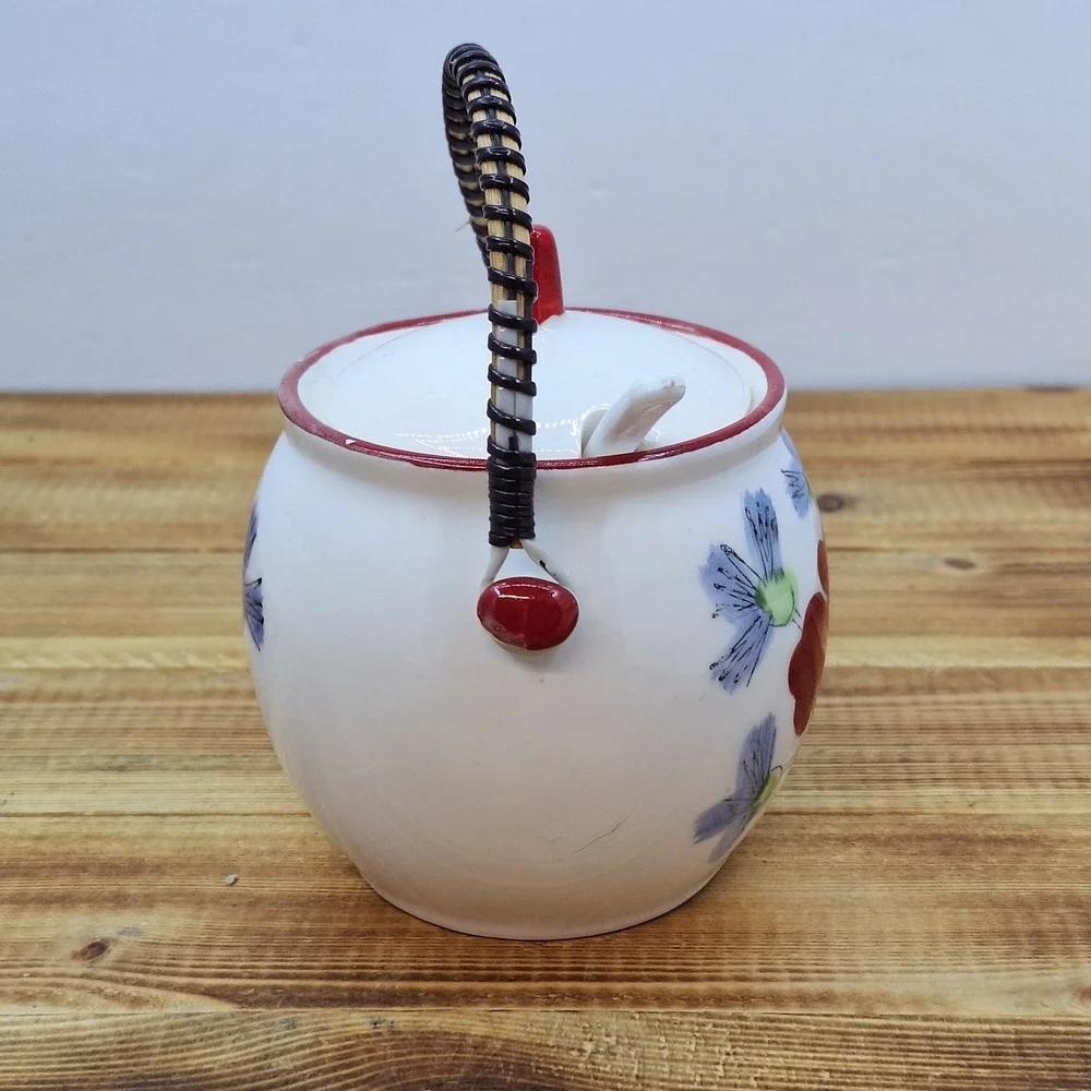 Vintage Floral‎ White sugar jelly or candy jar with wicker handle 3x4